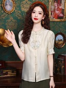 新中式雪纺衬衫上衣，复古夏季2024年女士短袖衬衣，刺绣国风显瘦