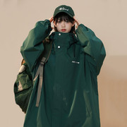 绿色连帽冲锋衣外套女秋季美式宽松大尺码高级感运动休闲夹克