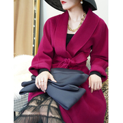 2023秋冬max青果领紫红色长款气质羊毛呢外套高端双面黑色大衣女