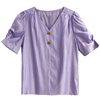 法式雪纺衫女短袖衬衫，2024宽松v领紫色，洋气小衫泡泡袖上衣夏