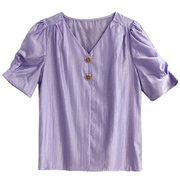 法式雪纺衫女短袖衬衫2023宽松v领紫色，洋气小衫泡泡袖上衣夏