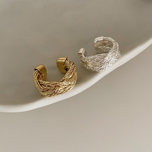 欧美复古 金属镀金编织个性简约冷淡风 气质缠绕麻花宽版开口戒指