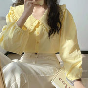 奶黄色长袖衬衫女春季chic法式复古娃娃，领上衣设计感小众奶甜衬衣