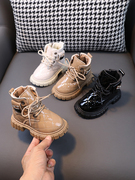 儿童皮靴秋冬季加绒2024男女童，马丁靴时尚，宝宝中小童鞋子漆皮