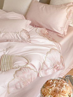 公主风100支匹马棉全棉四件套，花卉粉色刺绣纯棉被套天丝床上用品