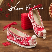 红色秀禾服婚鞋中式女夏季新娘结婚古风汉服鞋子内增高古装绣花鞋