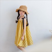 女童吊带裙背心韩版夏季宽松黄色印花雪花绑带中大童连衣裙