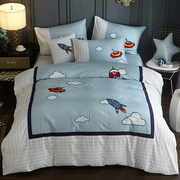 儿童床单四件套男孩纯棉卡通，被套1.2米1.5床笠式，全棉三件套蓝60支