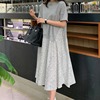 韩版大码女装圆领灰色短袖T恤拼接点点印花假两件休闲中长连衣裙