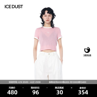 icedust春夏刺绣logo休闲薄款撞色修身短款短袖，t恤女士