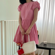 玫粉色泡泡袖连衣裙韩系慵懒2024夏季小个子裙子