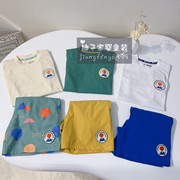 110-160韩版童装夏款男女童字母气球圆领短袖T恤满印梭织短裤套装