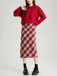 红色毛呢格子裙女冬季高腰，显瘦包臀长裙设计感开叉直筒一步裙