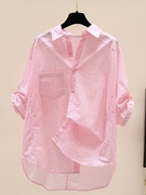 粉色条纹衬衫女夏2024薄款休闲五分袖上衣外穿防晒高级感棉麻衬衣