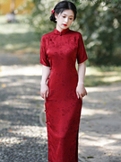 古法传统全开襟红色旗袍一片式，无省民国风，年轻款优雅结婚订婚礼服