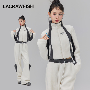 lacrawfish美式复古摇粒绒拼色立体口袋休闲裤毛绒，外套套装女