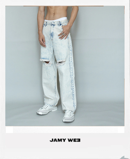 jamywee原创浅蓝色，情侣款港风做旧复古宽松破洞直筒牛仔裤