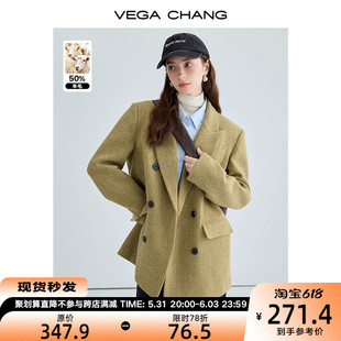 VEGA CHANG羊毛呢子大衣女冬2022小个子英伦风毛呢西装外套潮