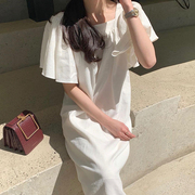 韩国chic春季法式气质方领显锁骨，褶皱设计感宽松飞飞袖连衣裙长裙