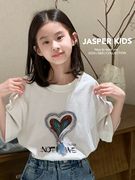 韩版童装2024夏上衣(夏上衣，)白色爱心刺绣，印花短袖t恤衫中大女童圆领