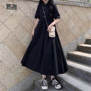 夏季日系POLO领抽绳收腰短袖连衣裙女学生韩版显瘦高腰黑色长裙子