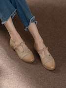 布洛克雕花单鞋女2023春夏丁字带圆头文艺复古风粗跟女士皮鞋
