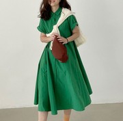 chic法式小众显白复古绿设计感排扣连衣裙中长款A字裙女