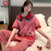 睡衣女夏季纯棉梭织格子新年短袖韩版可爱红色本命年家居服女套装
