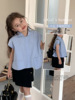 2024夏季女童韩版设计感个性，不规则无袖短款翻领蓝色衬衫儿童衬衣