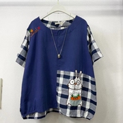 日系森女文艺兔子拼接百搭上衣假两件短袖tt恤宽松显瘦格子衬衫