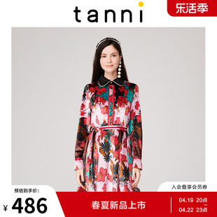 tanni商场同款娃娃领A字型通勤印花小众设计连衣裙TJ31DR030A