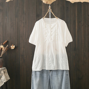 夏季大码200斤仙气白色娃娃衫，肌理感珍珠扣泡泡袖，宽松a字套头衬衫