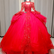 红色主婚纱礼服2023新娘大拖尾2024重工复古风高级小个子长袖