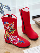 老北京布鞋女靴子冬季加绒中筒靴平底仙女鞋，冬云南中式复古绣花鞋