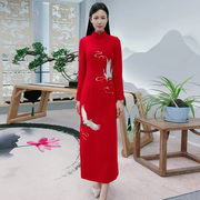 中式改良旗袍长袖秋季中国风重工刺绣飞鹤立领修身优雅连衣裙