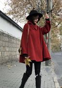 过年红斗篷式双面羊绒，大衣女2020冬季韩版宽松休闲红色外套女