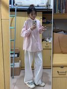 2024早春韩版粉色长袖衬衫，女薄款设计感宽松学生开衫外搭小个子