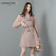 卡芮茜设计感仙气，2023秋冬粉色淑女，甜美泡泡袖风衣外套女洋气