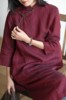 中式复古改良旗袍色织亚麻西藏红七分袖立领斜襟盘扣连衣裙60109