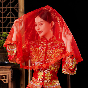 红盖头结婚中式秀禾服蒙头新娘婚礼头巾中国红色头纱网纱蕾丝