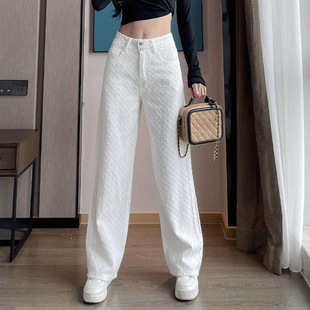 高腰直筒阔腿牛仔裤女2024夏季白色裤子，宽松显瘦设计感拖地裤