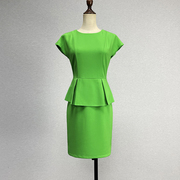 中长款绿色短袖连衣裙女2024收腰显瘦气质百搭连肩袖卡其色包臀裙