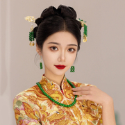 中式时尚造型新娘盘发饰绿色简约发簪步摇流苏唯美古典风汉服头饰
