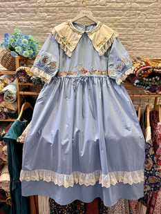 蓝色绣花长裙精细棉布，森系连衣裙夏季短袖，长款宽松大码收腰翻领
