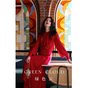 绿色云 洛神花简约优雅复古荷叶领灯笼袖收腰墨绿红色连衣裙长裙