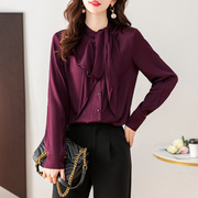 意冉真丝长袖衬衫女飘带领桑蚕丝衬衣紫色气质，显瘦设计感都市上衣