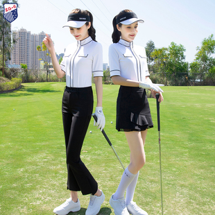 zg6女士高尔夫服装，球服女装套装立领白色中袖上衣，黑色九分喇叭裤