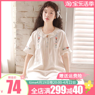 夏季纯棉纱布短袖女士刺绣，睡裙日系甜美花边领中长款可外穿家居裙