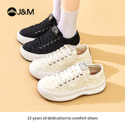 J&M/快乐玛丽 2024年春季系带圆头厚底增高布鞋 休闲浅口低帮女鞋