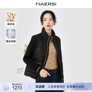 桑蚕丝NAERSI/娜尔思黑色短款立领拼接短款棉服外套女冬